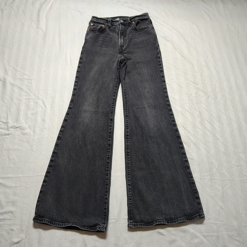 Levis Jeans Womens 25x32 Black Ribcage Bell Leather Patch Big E Flare Baggy Y2K